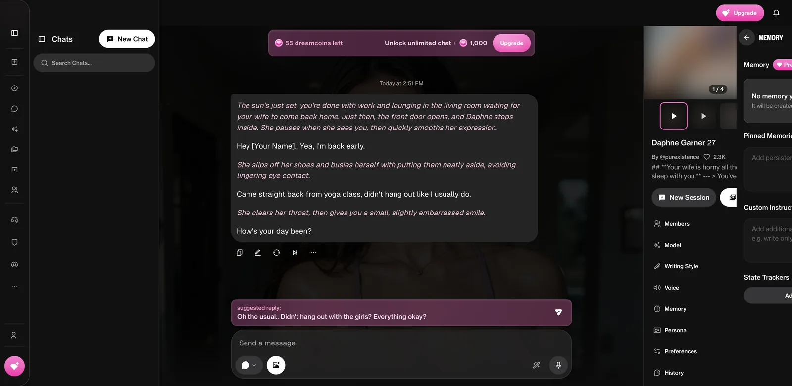OurDream.ai memory panel showing automatic memory, pinned memories, custom instructions and state trackers