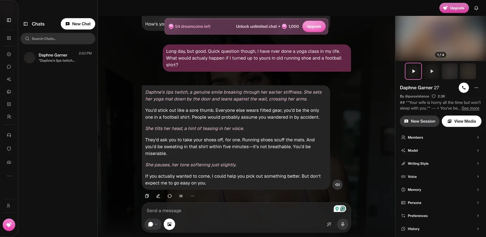 OurDream.ai chat reply about yoga class etiquette with narrated actions and practical detail