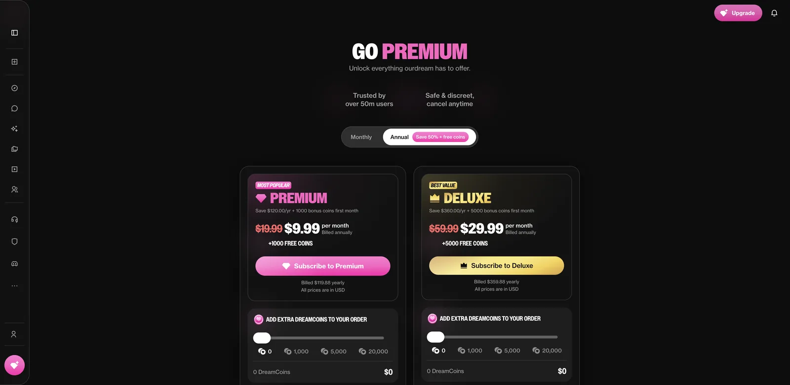 OurDream.ai pricing page with Premium at $9.99 and Deluxe at $29.99 per month billed annually