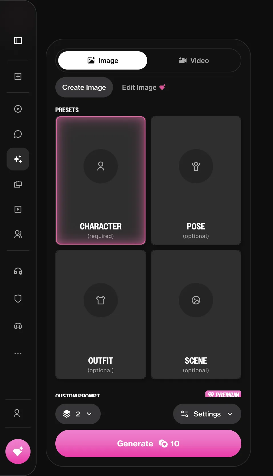 OurDream.ai generation panel with character, pose, outfit and scene presets and a locked custom prompt field