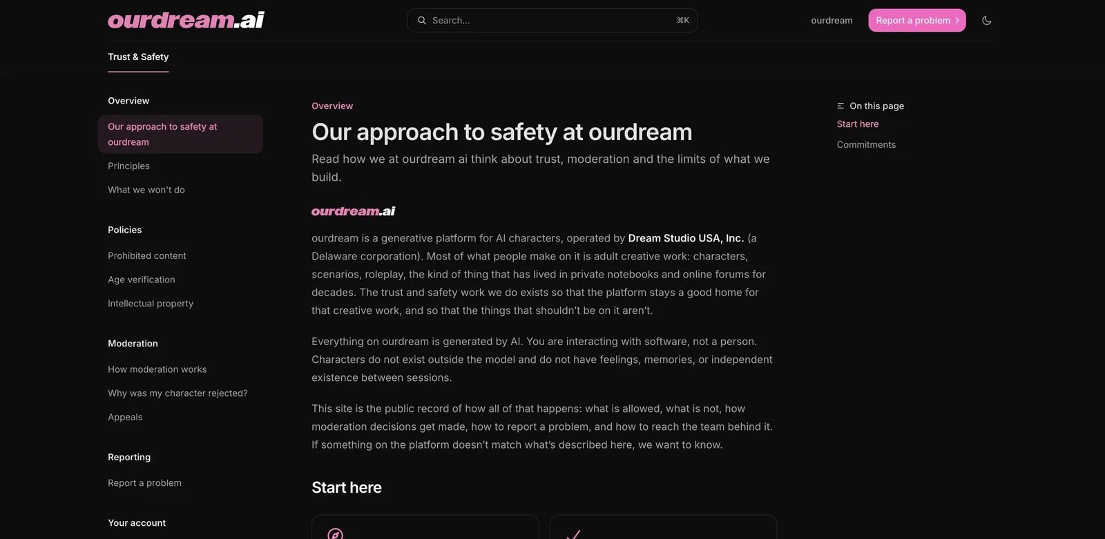 OurDream trust and safety documentation site covering principles, policies, moderation and appeals