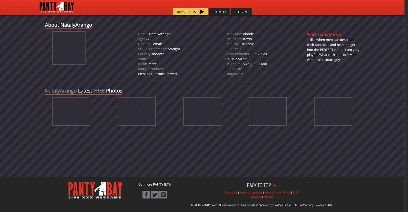 PantyBay profile page listing sixteen structured fields including a country reading indoors, measurements of twenty by sixty by twenty inches, and blank zodiac, pubic hair and language entries, above a free photos section containing five empty frames and a footer naming the operating company and a UK address