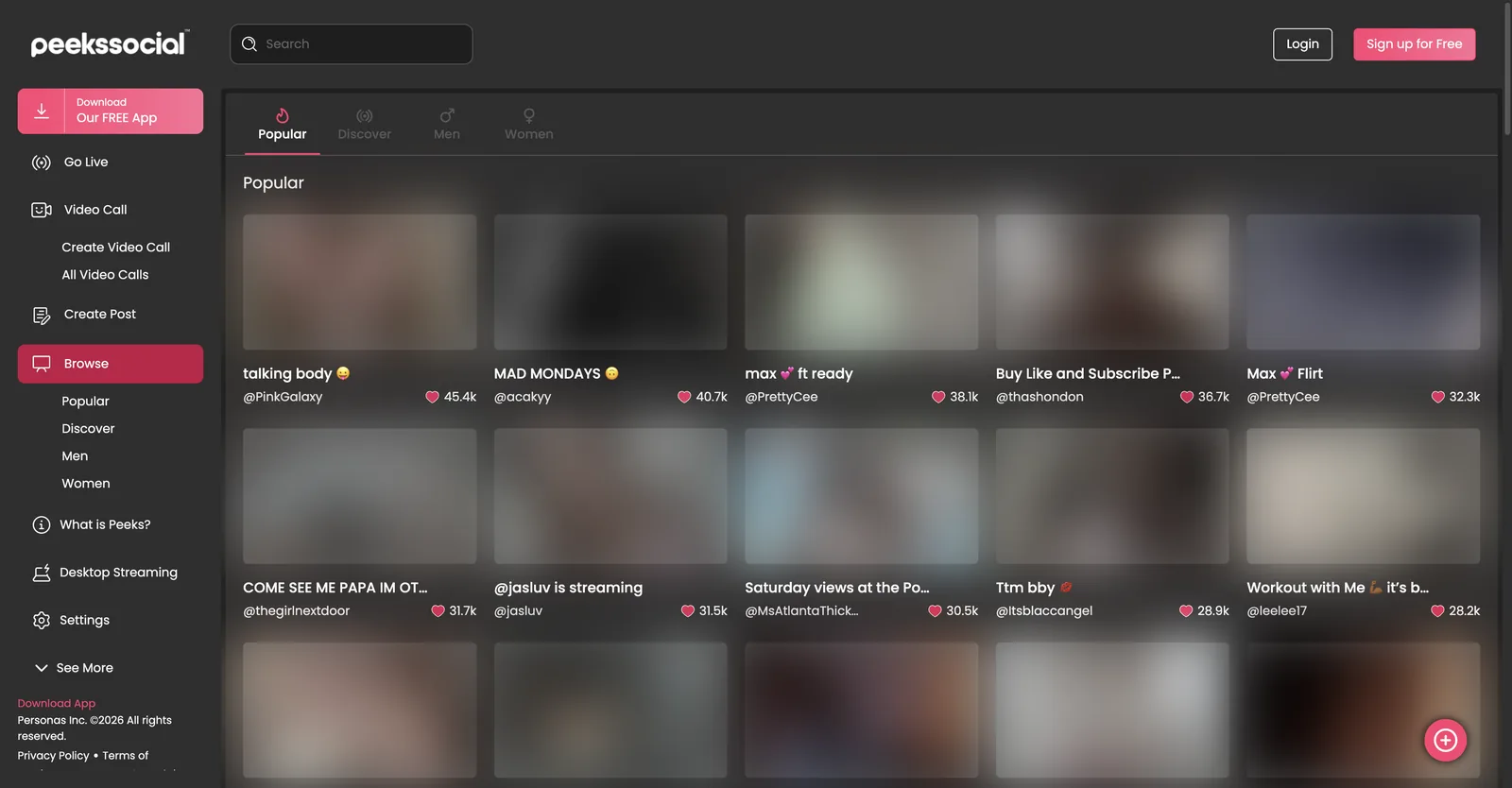 Peeks Social Popular grid with Popular, Discover, Men and Women tabs, each tile carrying a title, a creator handle and a heart count in the tens of thousands