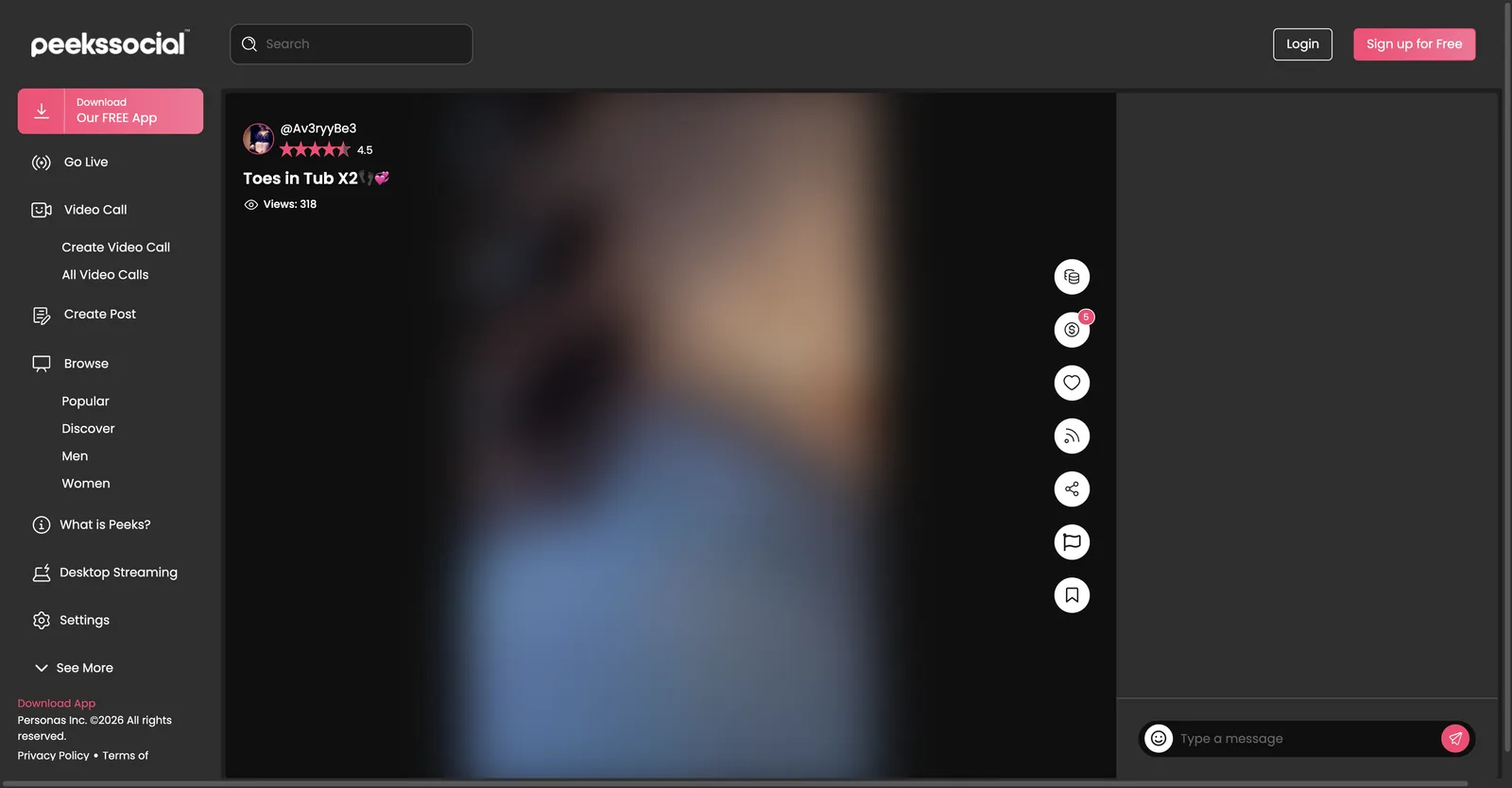 Peeks Social stream page showing a five point rating, a separate view counter reading 318, and a video player with scrub bar and remaining time indicating a recording rather than a live broadcast
