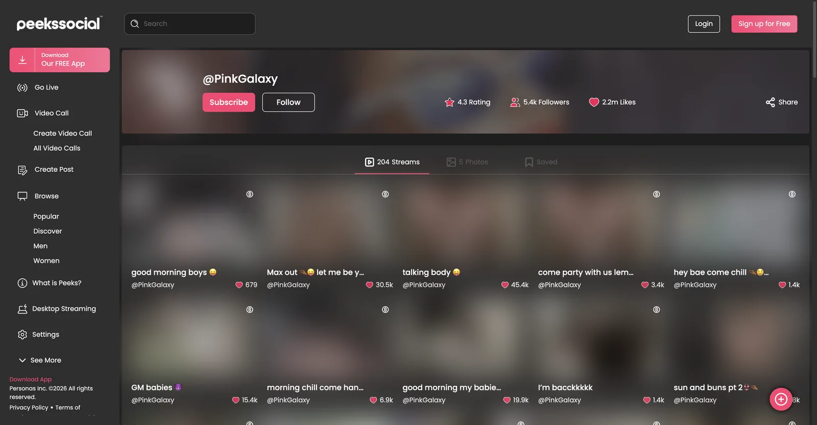 Peeks Social creator profile showing 204 streams, 5 photos, a saved tab, 5.4k followers, 2.2m likes and a 4.3 rating, with currency badges on some thumbnails