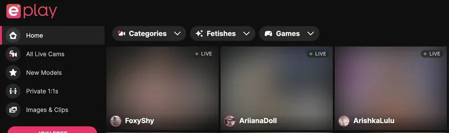 ePlay navigation sidebar and filter row showing Categories, Fetishes and a Games filter alongside Private 1:1s and Images and Clips