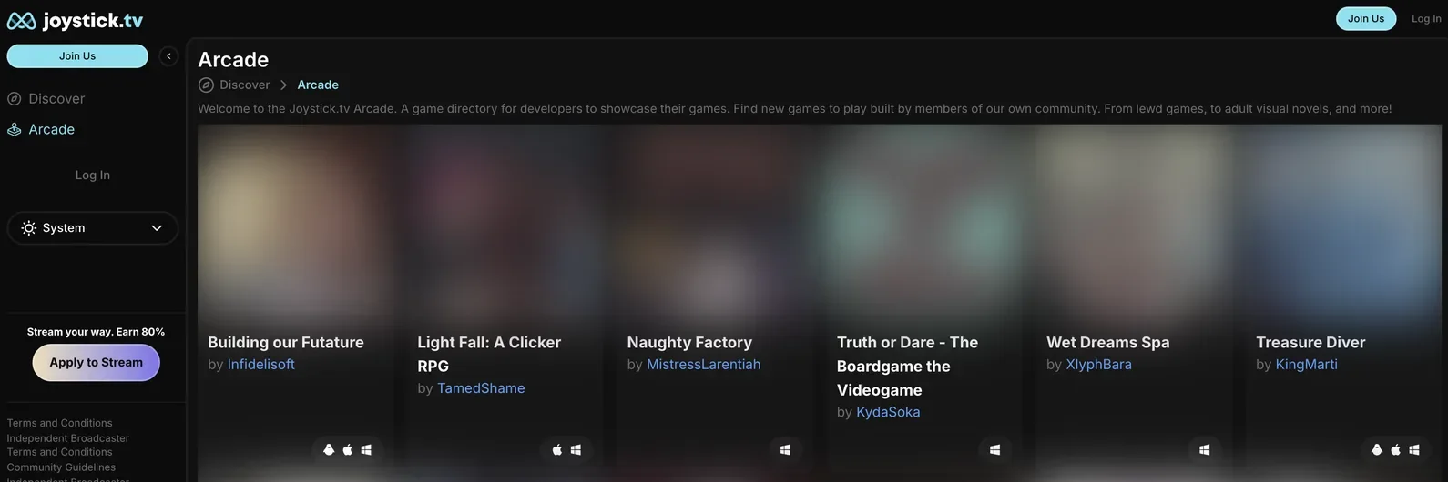 Joystick.tv Arcade page listing community built adult games with their titles and named developer credits, with platform icons for Windows, macOS and Linux