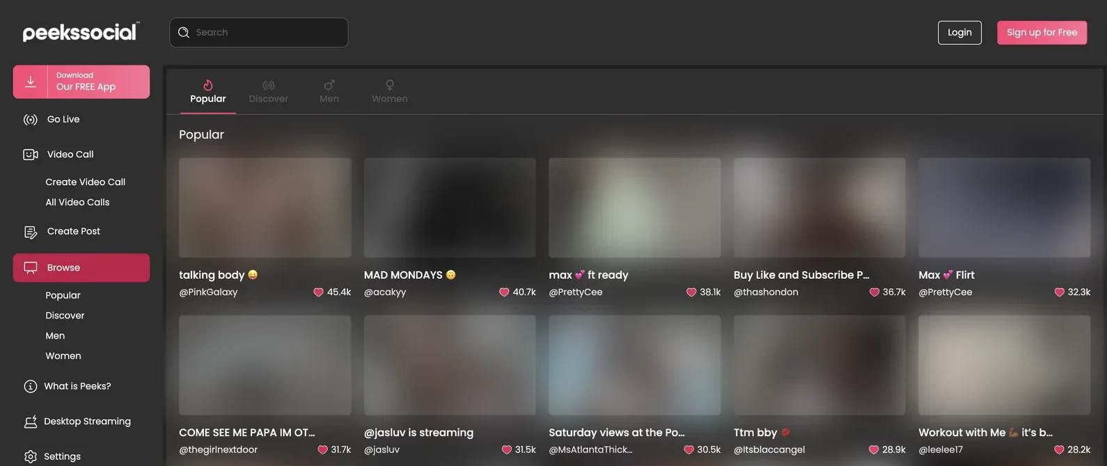 Peeks Social Popular feed ranking streams by hearts received, with the heart total printed on every tile beside creator handles