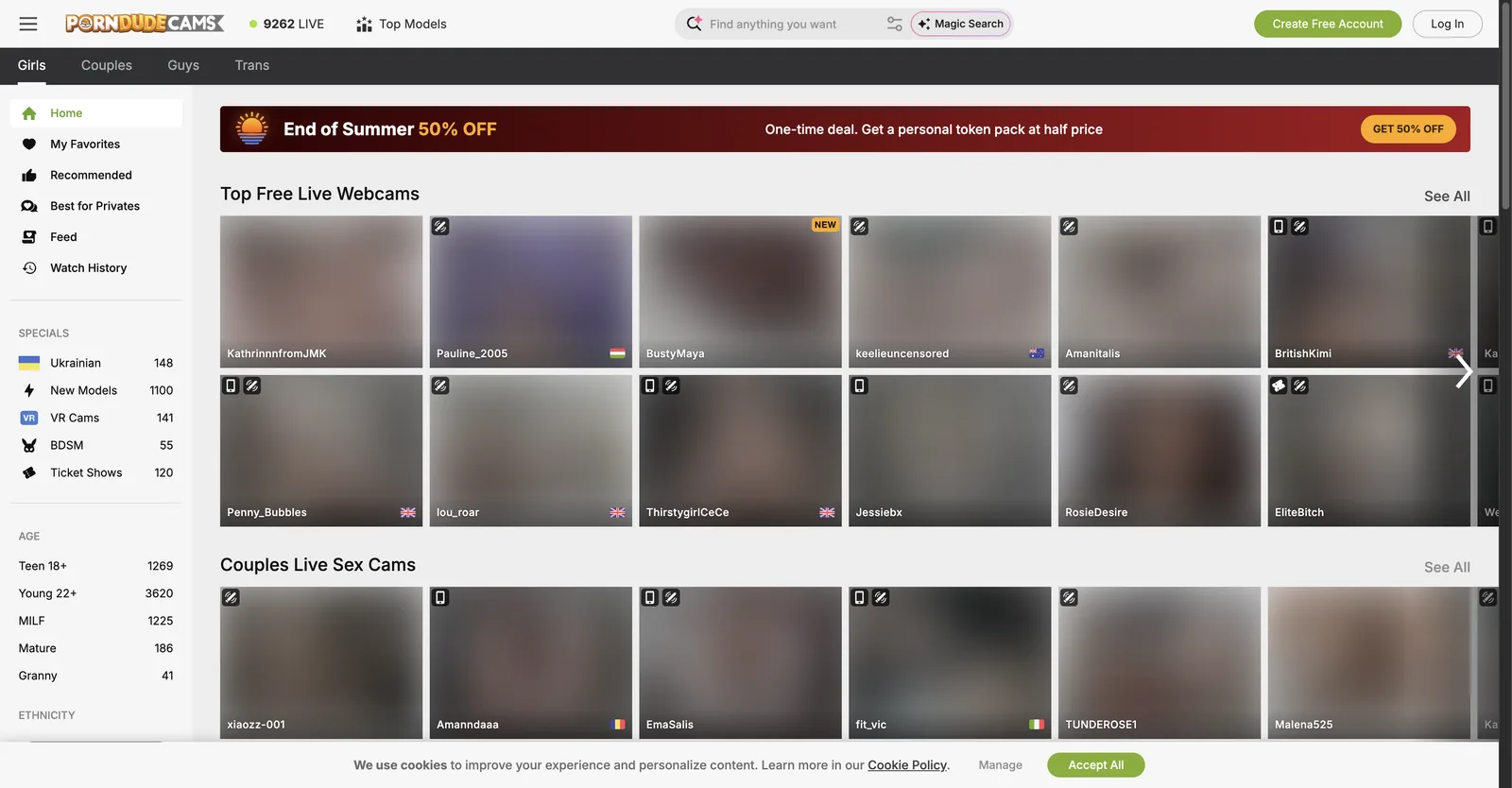 PornDudeCams home page showing a live model counter, a half price token banner and rows of free live webcam tiles beside a filter rail with live counts