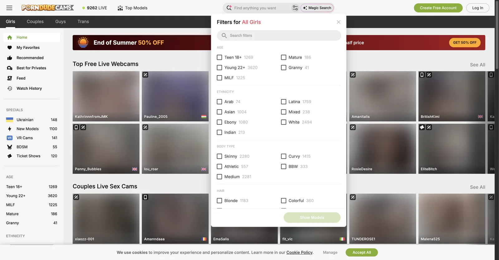 PornDudeCams filter panel open over the grid, listing age, ethnicity, body type and hair categories each with a live model count