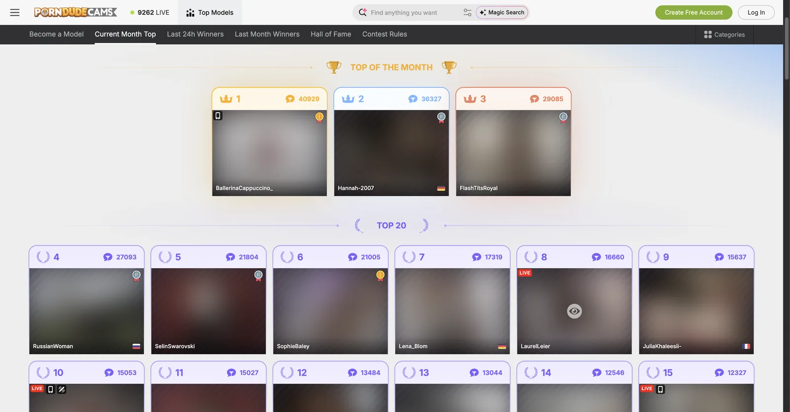 PornDudeCams monthly top models leaderboard for Europe showing a top three, a top twenty and point totals beside each model