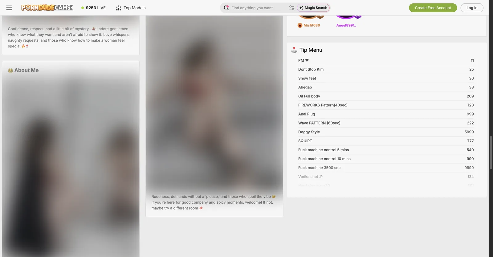 PornDudeCams model profile showing an about section beside a priced tip menu listing requests from eleven tokens to nearly ten thousand