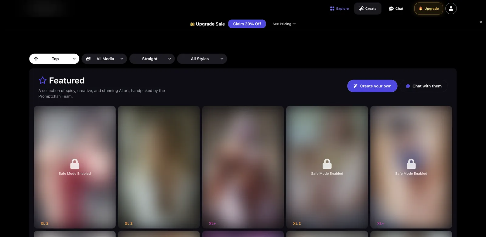 Promptchan explore gallery with Safe Mode Enabled overlays covering explicit thumbnails
