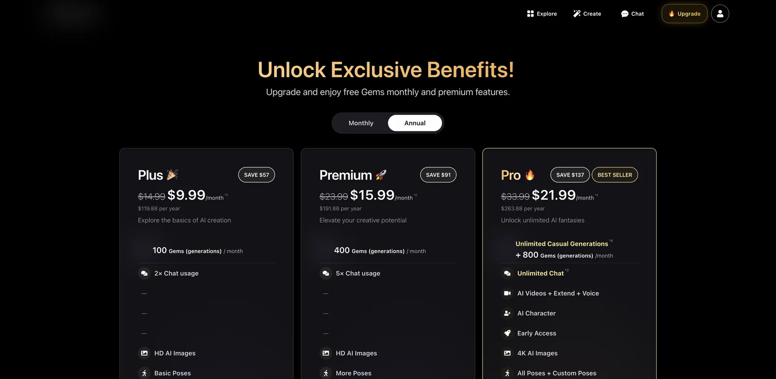 Promptchan monthly pricing tiers Plus, Premium and Pro with a 20 percent off sale