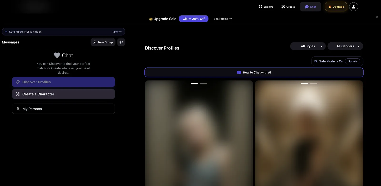 Promptchan chat discovery with swipe interface, style filters and scenario based profiles