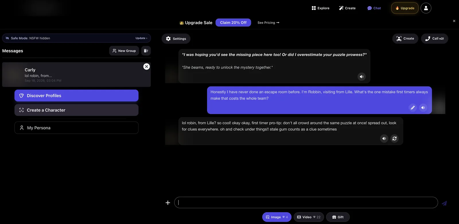 Promptchan chat conversation showing a lowercase texting style reply about escape room tips
