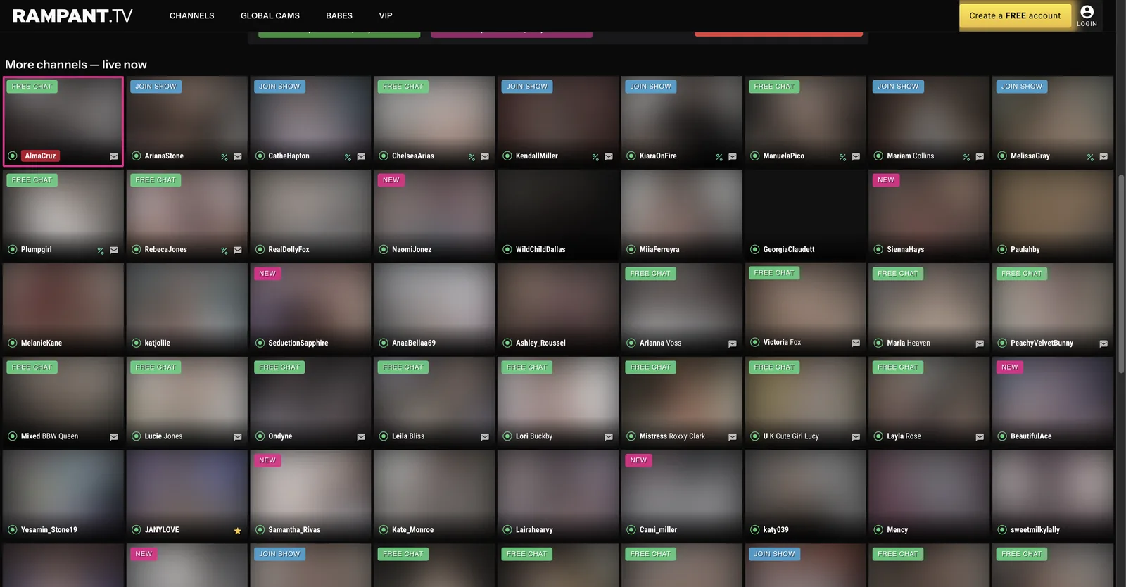 Rampant TV channel grid headed more channels live now, showing rows of masked model tiles each carrying a distinct status badge reading free chat, join show, new or in private