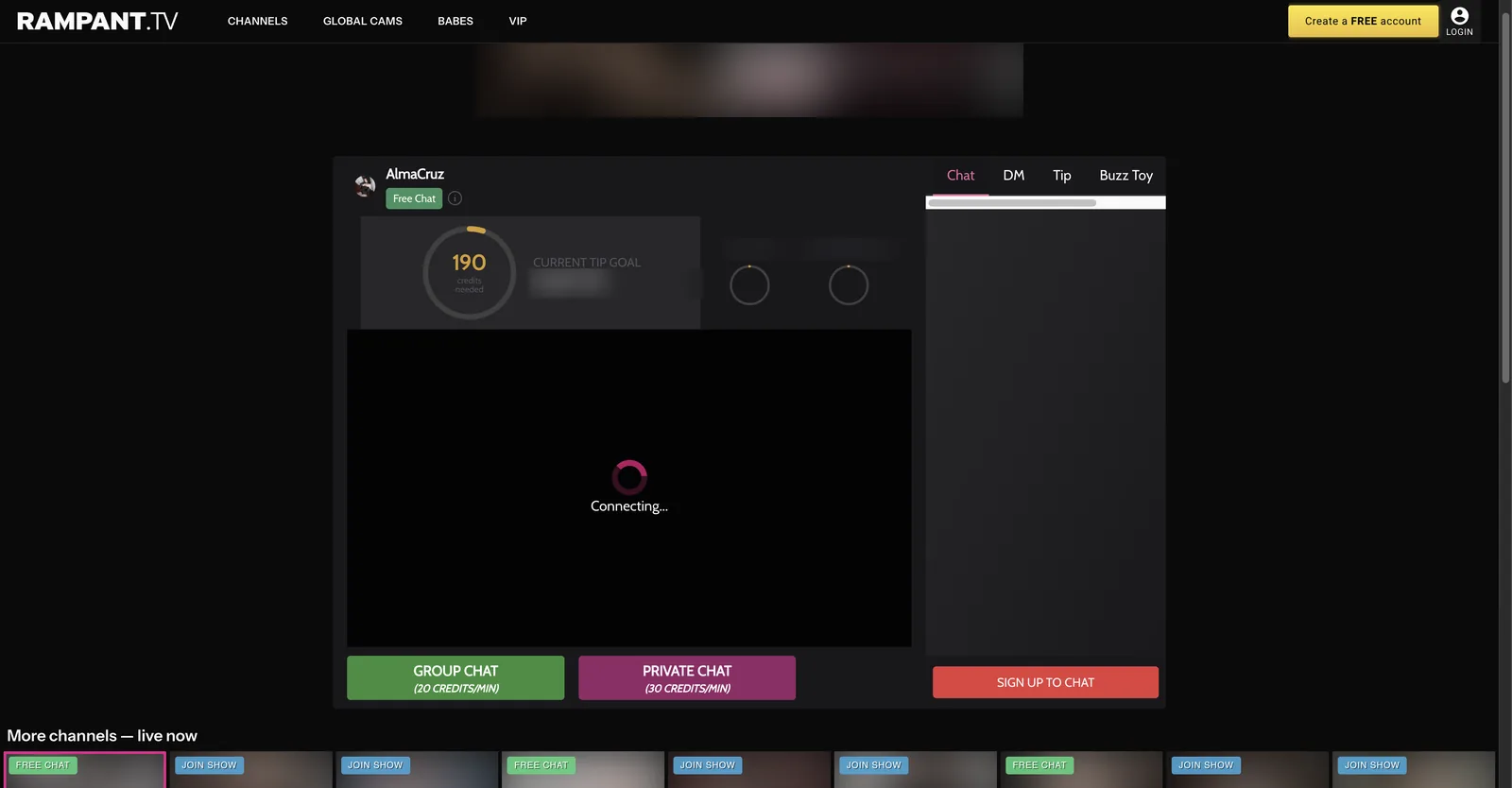 Rampant TV channel page showing a tip goal ring reading one hundred and ninety credits needed, above two labelled buttons reading group chat at twenty credits per minute and private chat at thirty credits per minute