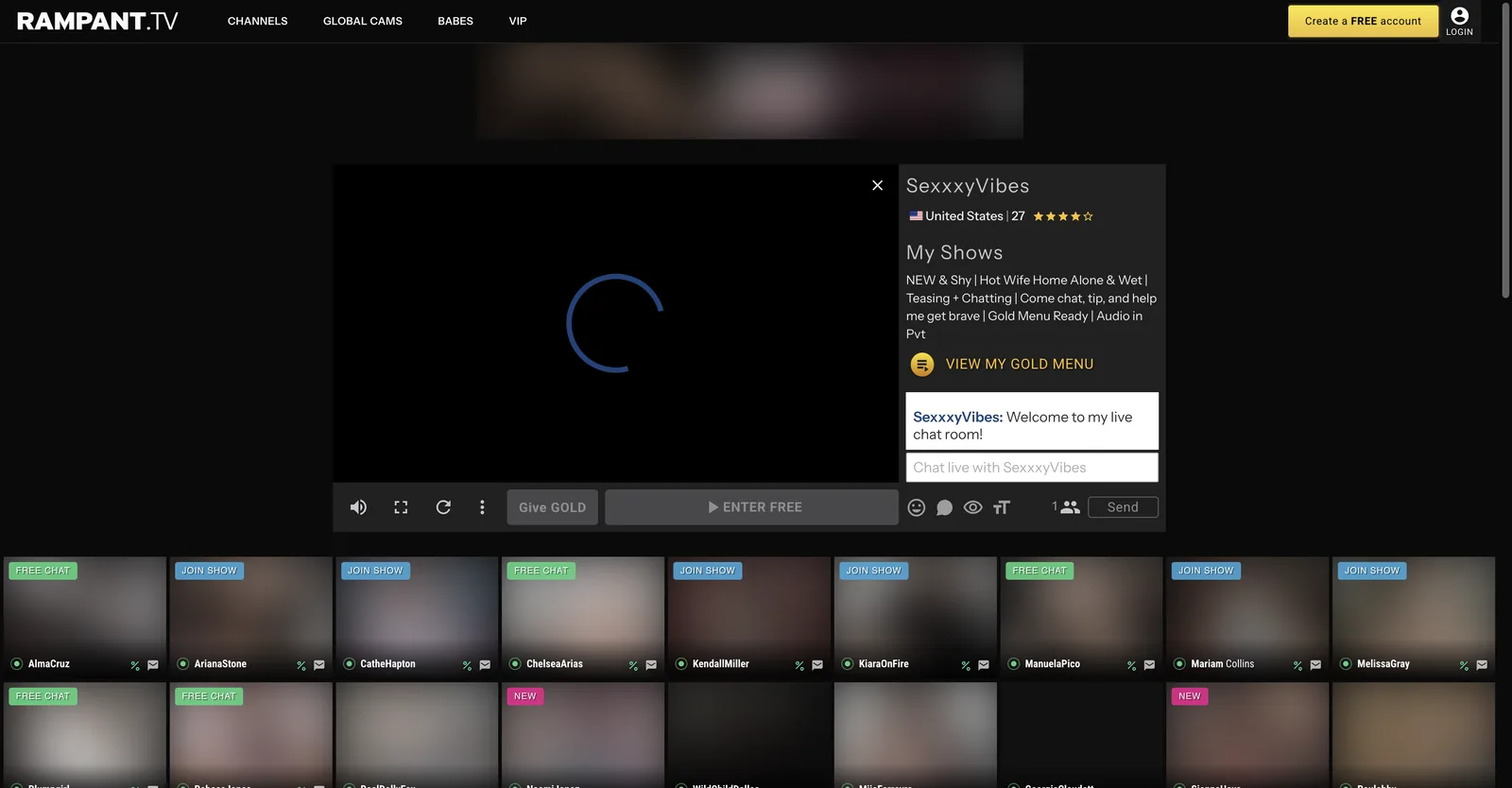 Rampant TV model profile panel showing a display name, a United States flag with an age, a four of five star rating, a free text my shows description, a view my gold menu link and a give gold control