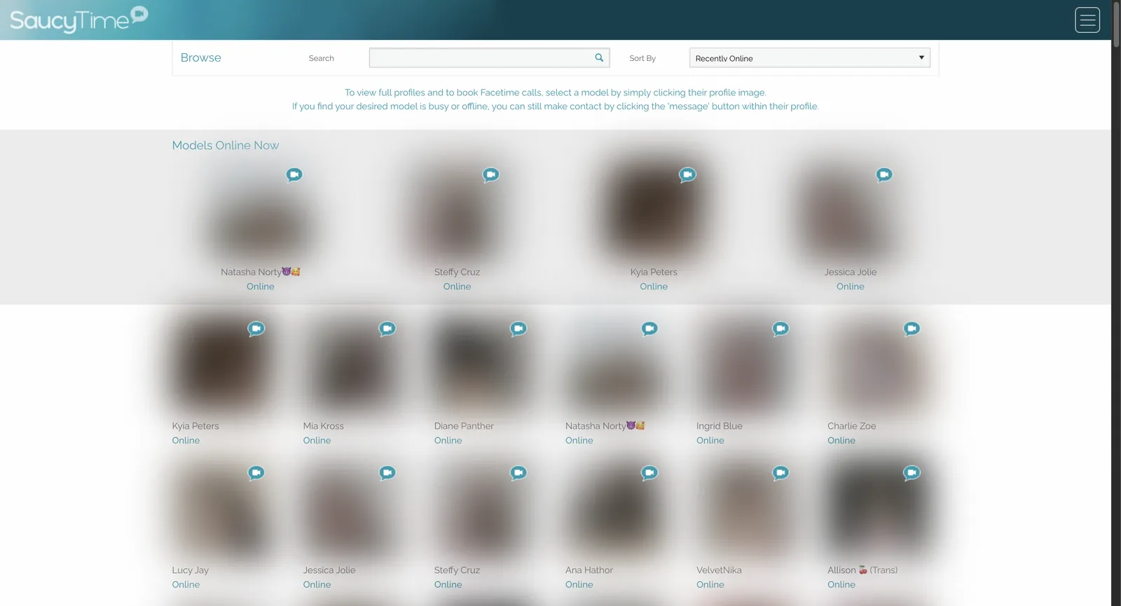 Saucytime browse page with a search box and sort control, showing a grid of masked model thumbnails each labelled either online or offline beneath the name