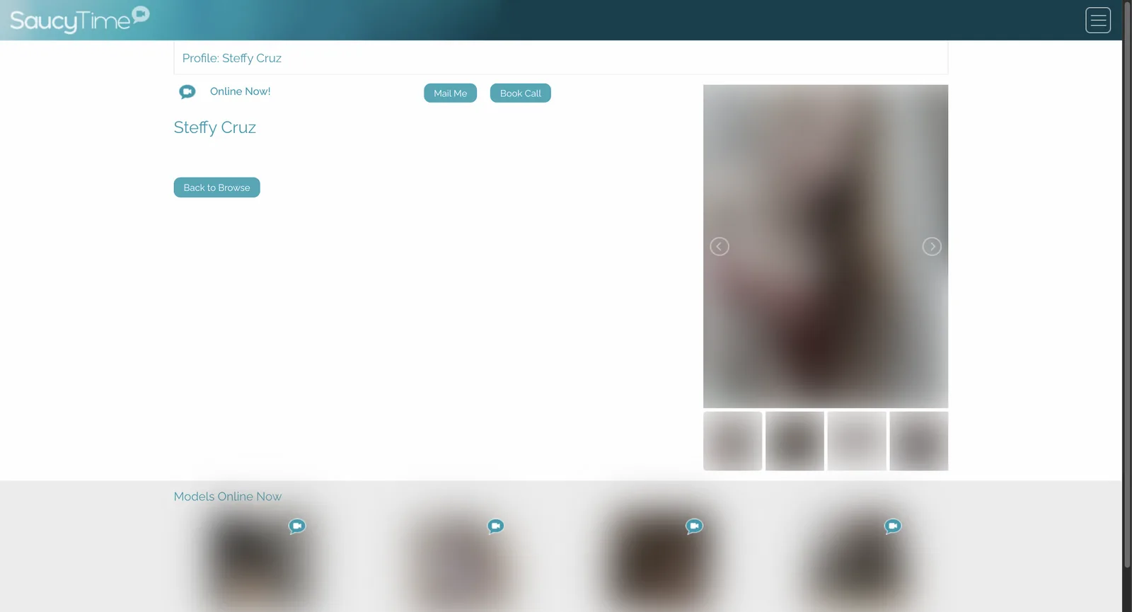 Saucytime model profile page showing only a display name, an online now indicator, a book call button, a mail me button and a photo gallery, with the entire left region of the page blank