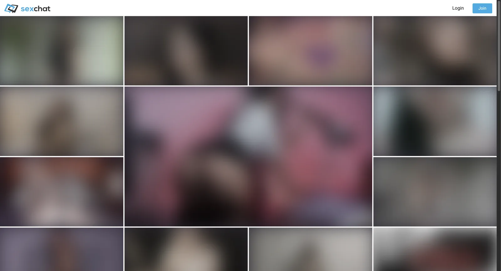 SexChat.hu live page showing an edge-to-edge grid of mixed-size tiles with no filter rail, no category navigation, no search field and no viewer counts, above a header carrying only a logo, Login and Join