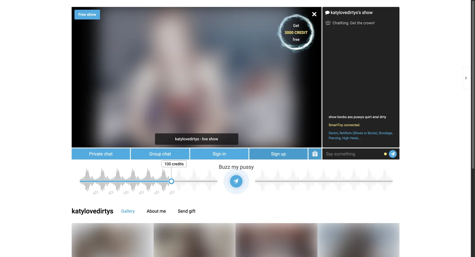 SexChat.hu room layout with a Free show badge on the player, a chat panel carrying a ChatKing contest line and a SmartToy connected notice, a toolbar of Private chat, Group chat, Sign in, Sign up and a gift button, and a wide toy control strip below