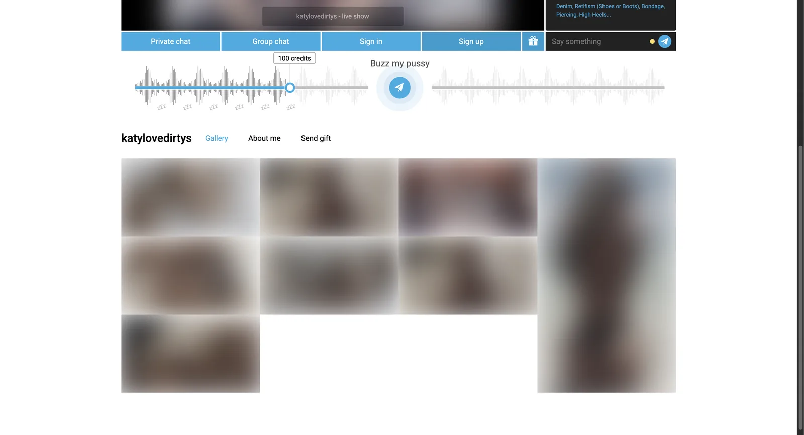 SexChat.hu performer page scrolled to the Gallery tab, showing a photo grid beneath the room toolbar and the priced toy control strip