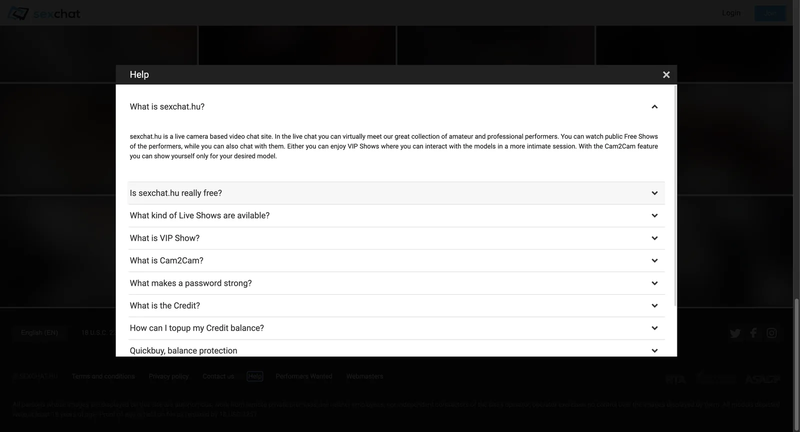 SexChat.hu help panel open over the darkened live page, listing eleven collapsible entries including what is the Credit, how to topup a Credit balance and Quickbuy balance protection, with the site description expanded