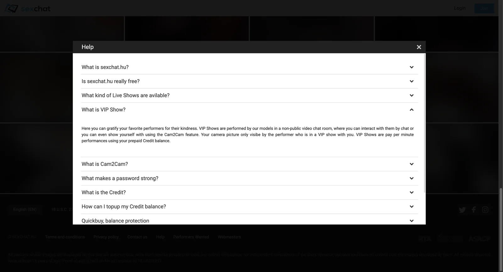SexChat.hu help panel with the VIP Show entry expanded, describing a non-public video chat room with Cam2Cam and pay-per-minute billing from a prepaid Credit balance