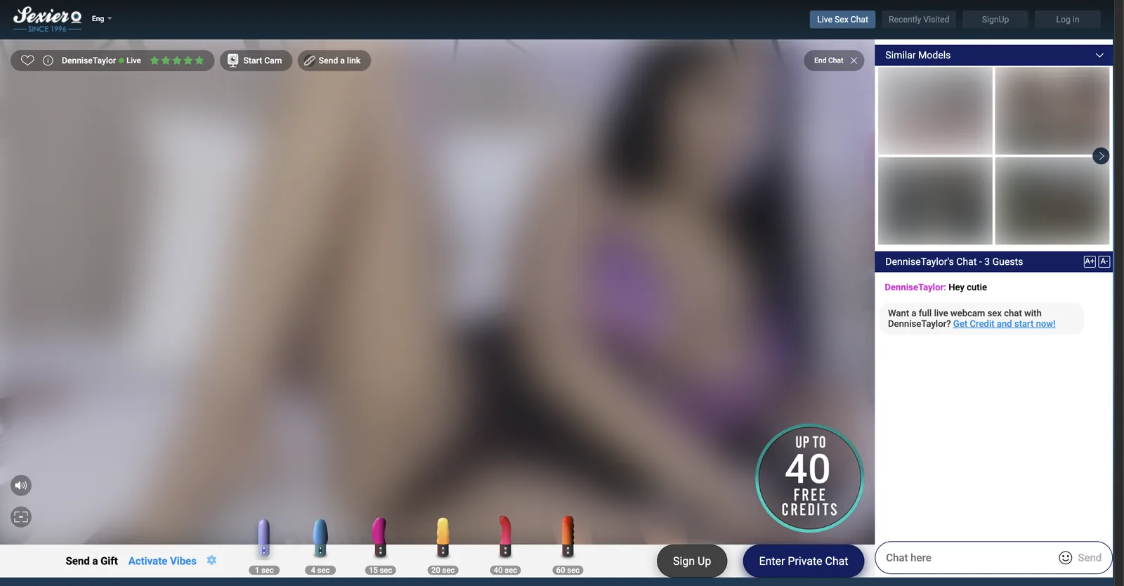 Sexier.com free video chat room with a row of toy icons labelled by duration under the player beneath an Activate Vibes control, and a chat panel on the right