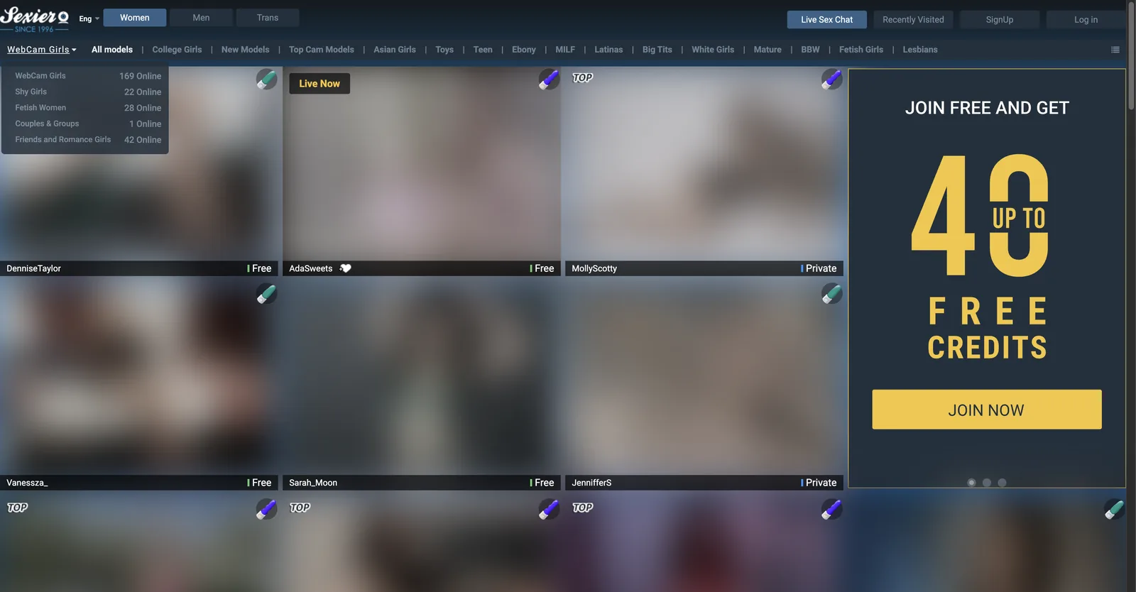 Sexier.com home grid with a category dropdown showing live counts per section and a join panel offering up to 40 free credits