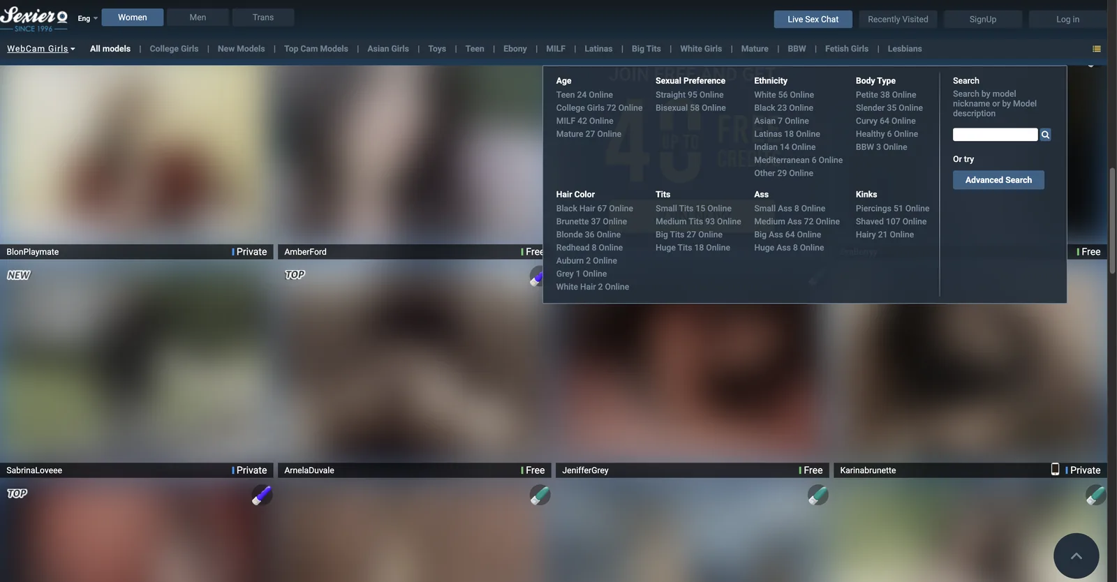 Sexier.com filter panel listing age, sexual preference, ethnicity, body type, hair colour, tits, ass and kinks, each with its own live count