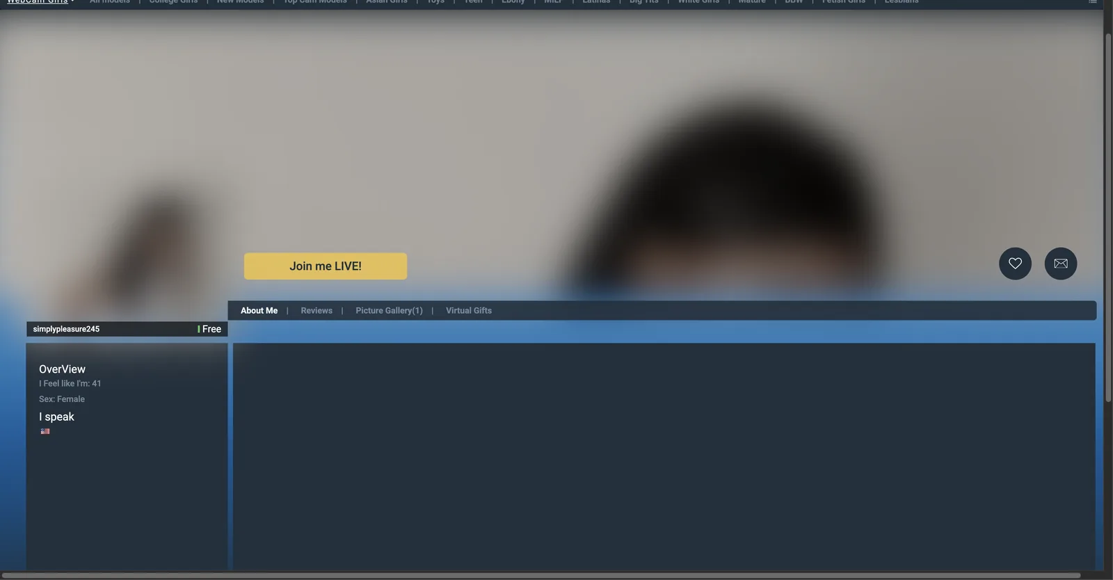 Sexier.com model profile with About Me, Reviews, Picture Gallery and Virtual Gifts tabs above an overview panel listing age, sex and languages