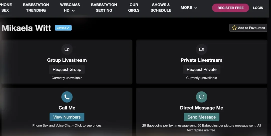 BabeStation performer page showing four contact options: group livestream, private livestream, call me with phone numbers, and direct message with per message coin prices