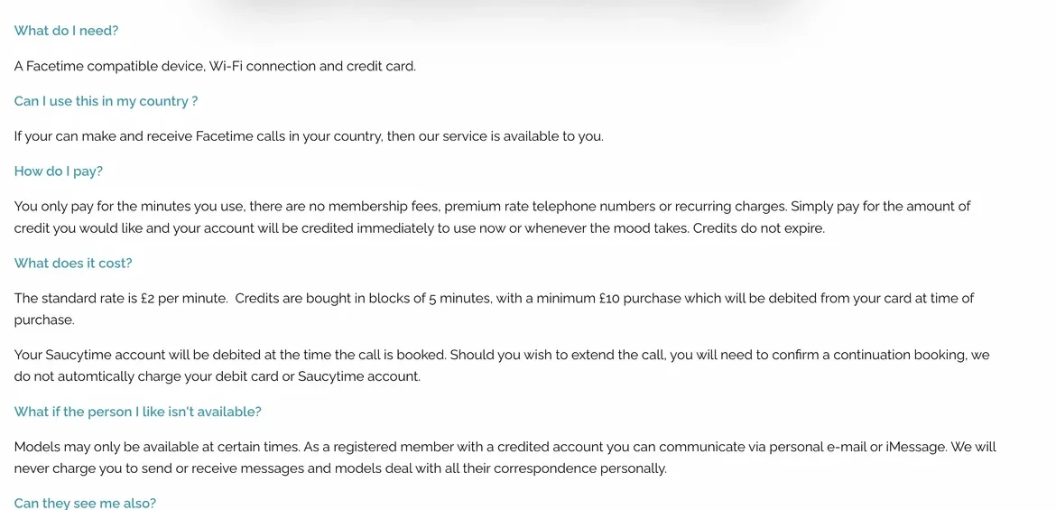 Saucytime public FAQ answering what the service costs, stating a per minute rate, a minimum purchase and how billing works