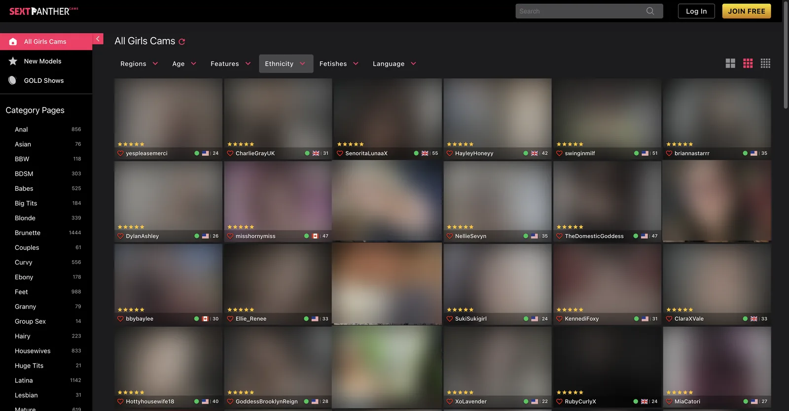 SextPanther Cams home page with a left rail of thirty-five counted categories including Pornstar with a count of three, beside a grid of live tiles carrying ages and country flags