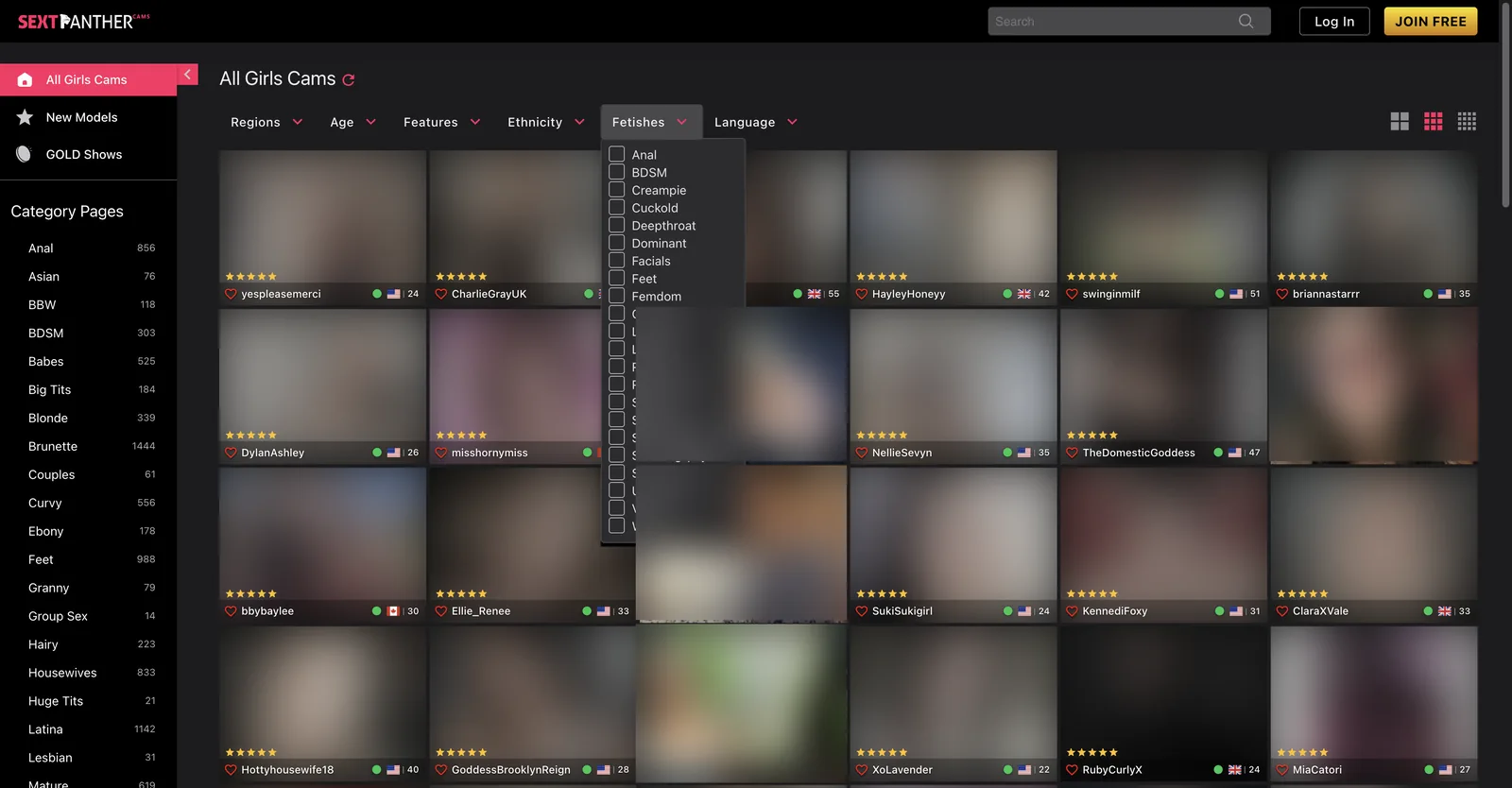 SextPanther Cams fetish filter open, showing twenty-two checkbox options from Anal through to Whips