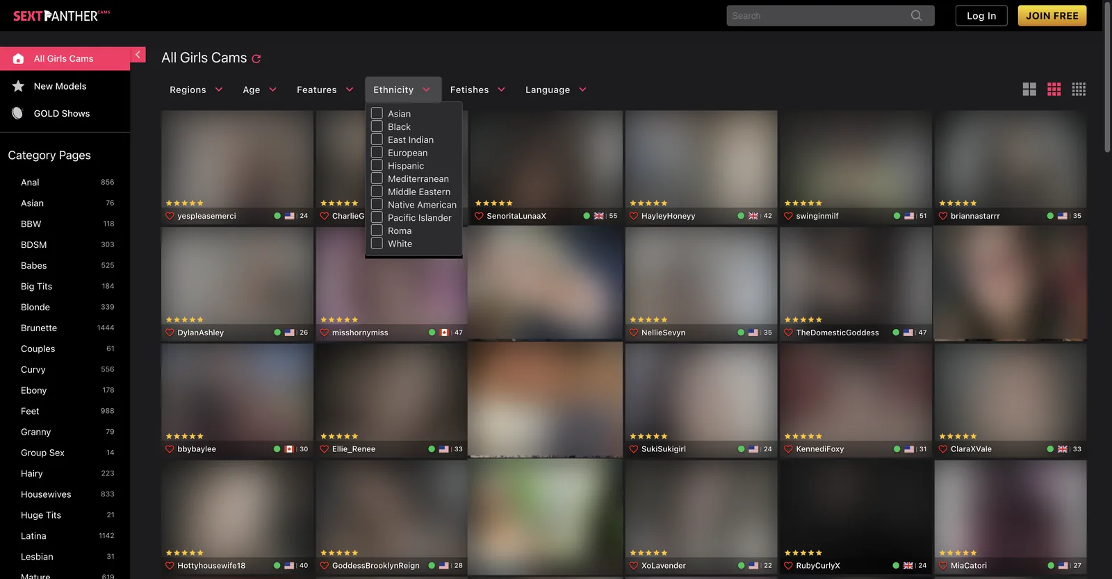 SextPanther Cams ethnicity filter open, listing eleven options including Native American, Pacific Islander and Roma