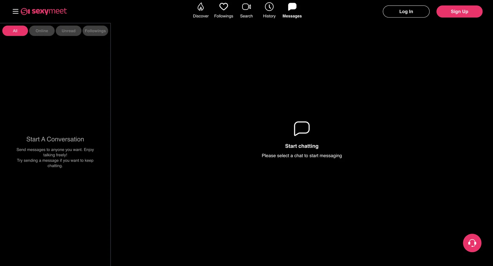 Sexymeet.tv messages page showing tabs for all, online, unread and followings beside an empty conversation list and a prompt to select a chat to start messaging