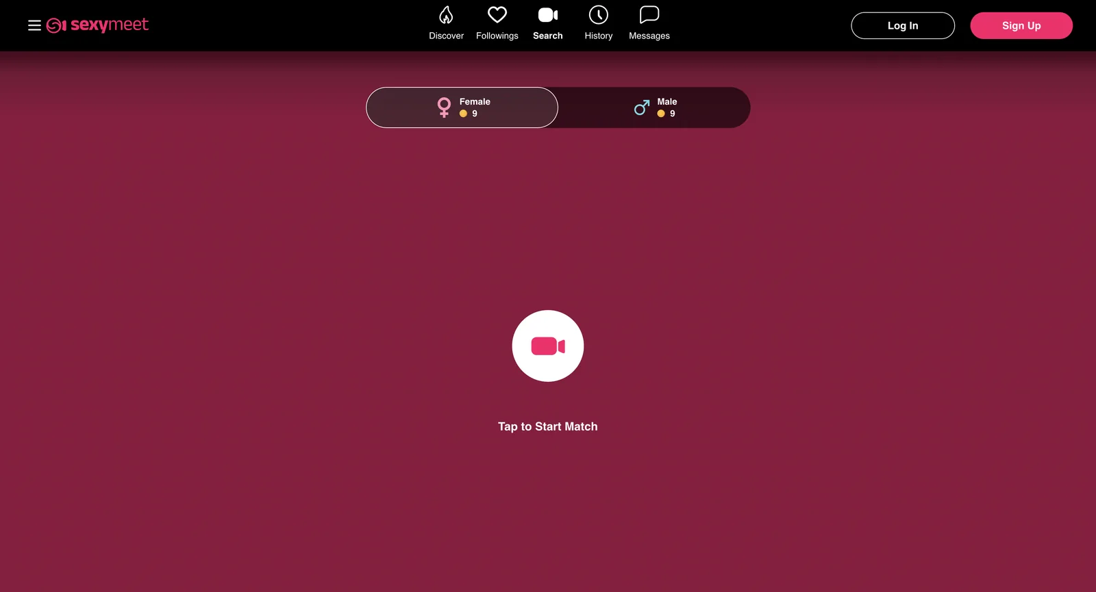 Sexymeet.tv match screen on a later visit, showing the identical gender counts of nine female and nine male