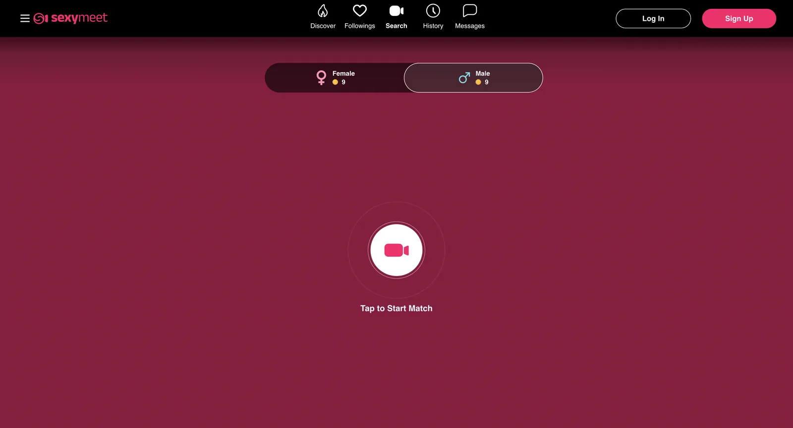 Sexymeet.tv match screen with the male tab selected, again showing nine female and nine male