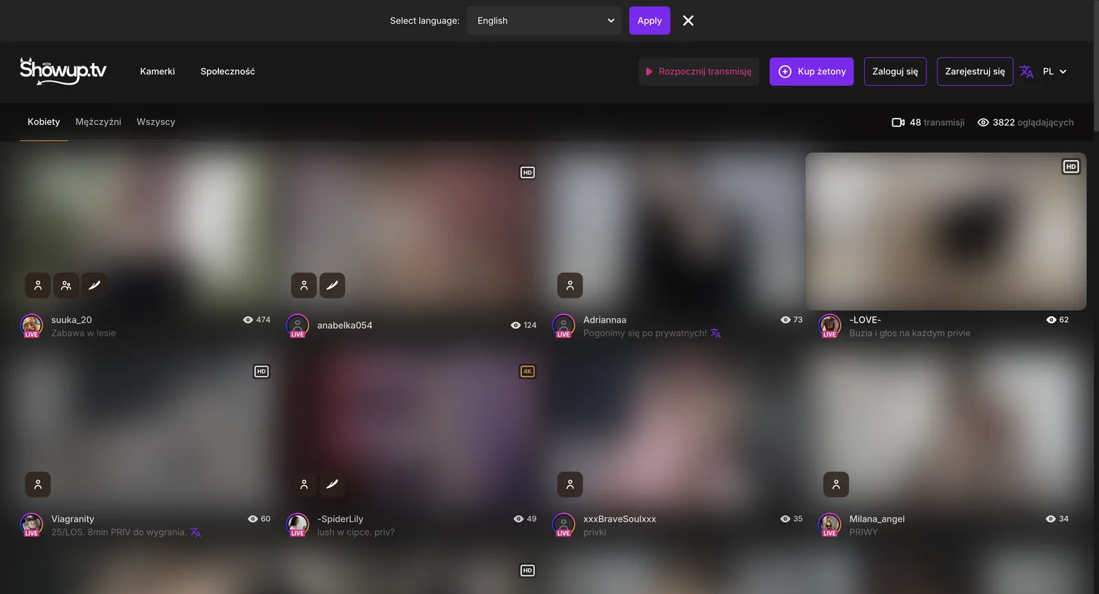 ShowUp.tv cams page showing a header counter reading 48 broadcasts and 3822 viewers, three gender filter tabs, and a grid of tiles each carrying a live ring, a viewer count, a status line and an HD or 4K quality badge