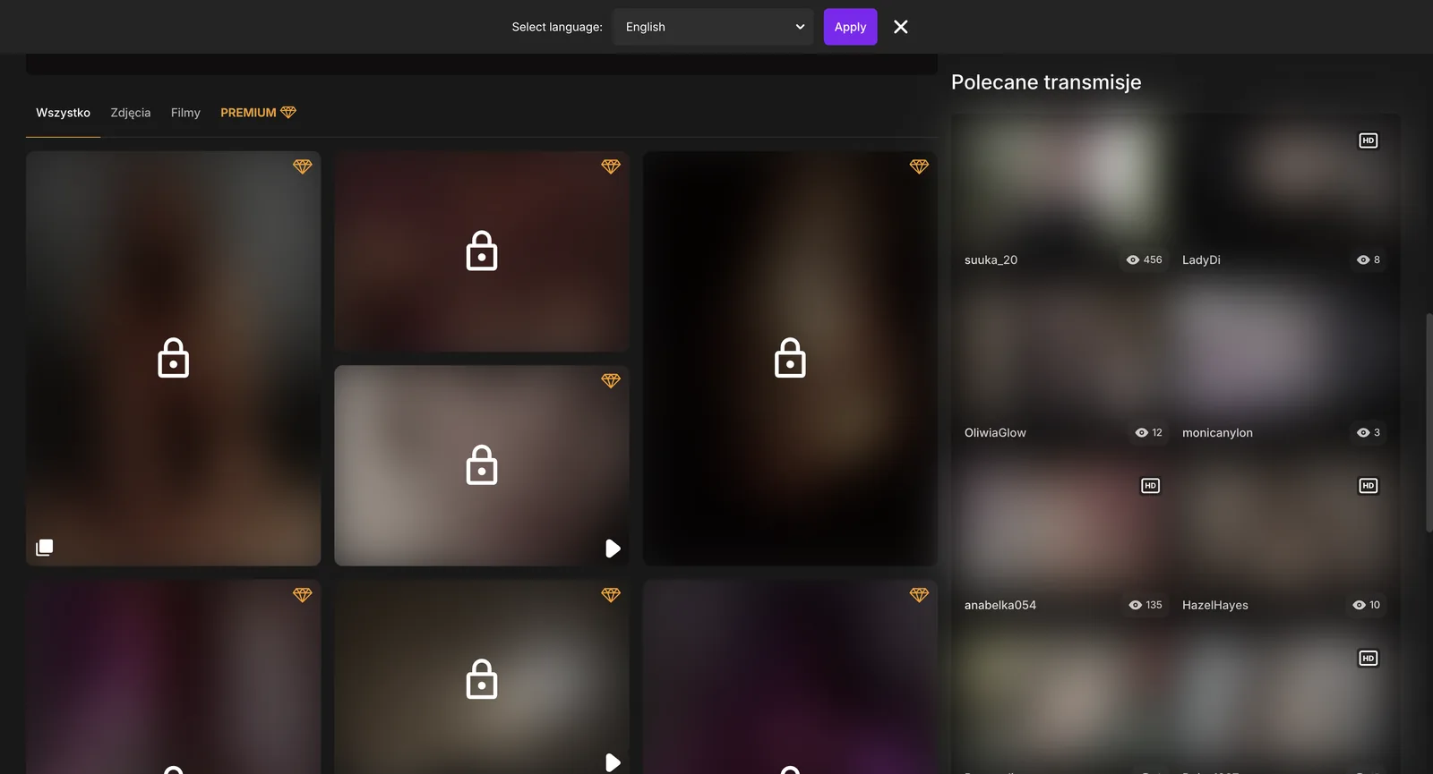 ShowUp.tv performer content store showing tabs for everything, photos, videos and a premium tier, above a grid of padlocked items badged with diamonds, beside a recommended broadcasts rail carrying viewer counts