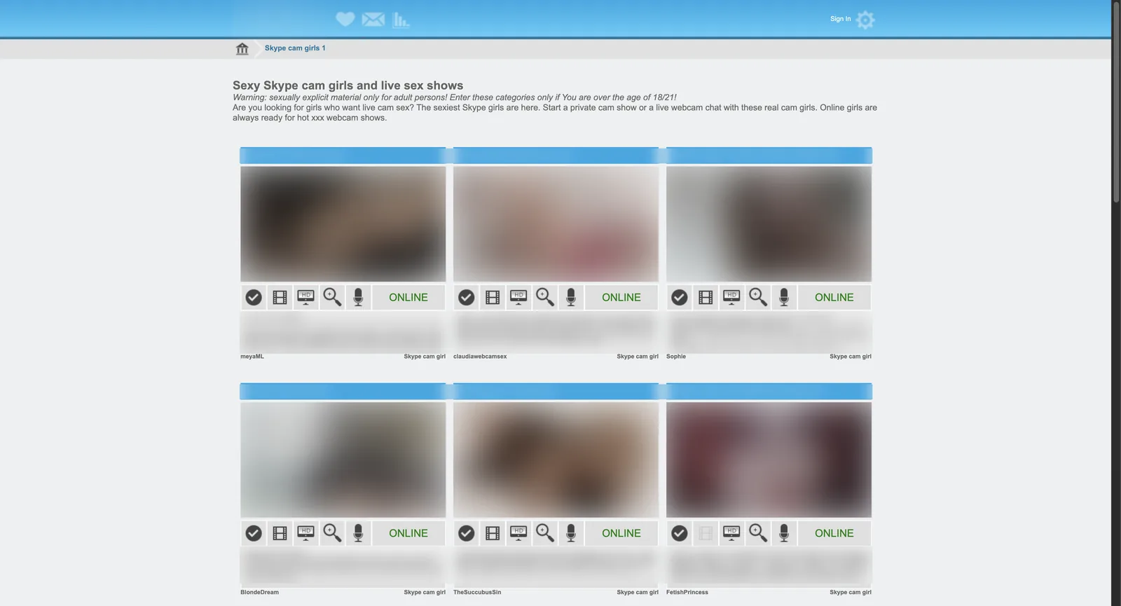 SkyPeepz browse grid showing six masked performer tiles, each with a verification tick, video, HD, zoom and microphone capability icons and an online status label