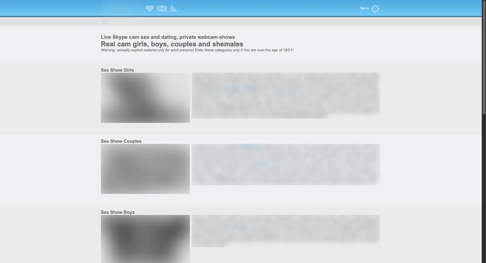 SkyPeepz home page listing six categories including girls, couples and boys, each with a masked illustration and a block of descriptive copy, under a header reading live Skype cam sex and dating