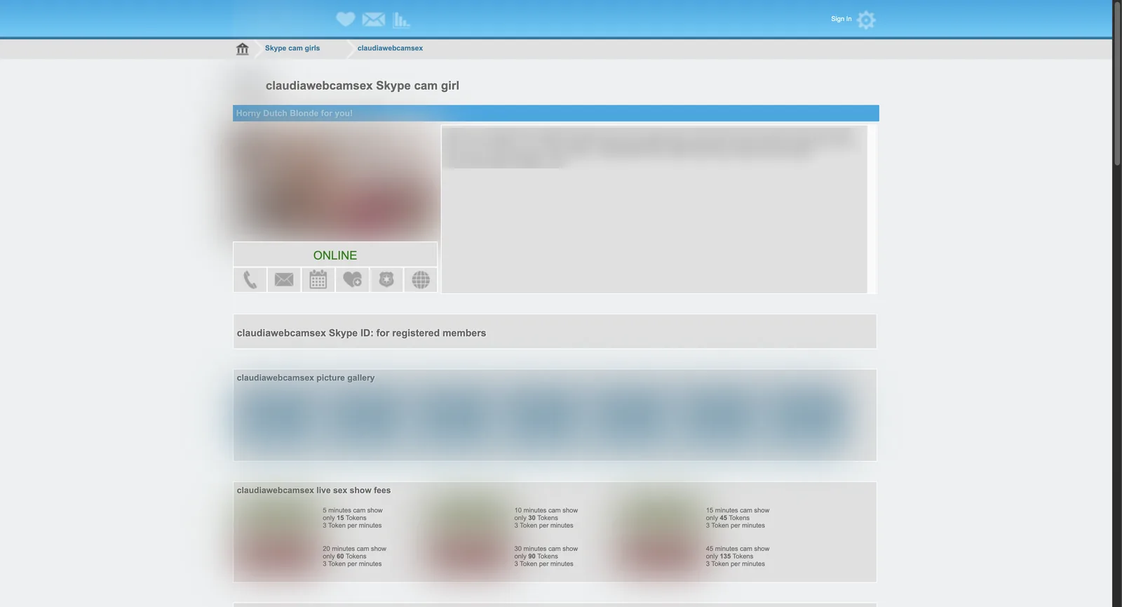 SkyPeepz profile page showing a fee table with six show lengths priced at fifteen to one hundred and thirty five tokens at a flat three tokens per minute, above a line stating the Skype ID is available to registered members
