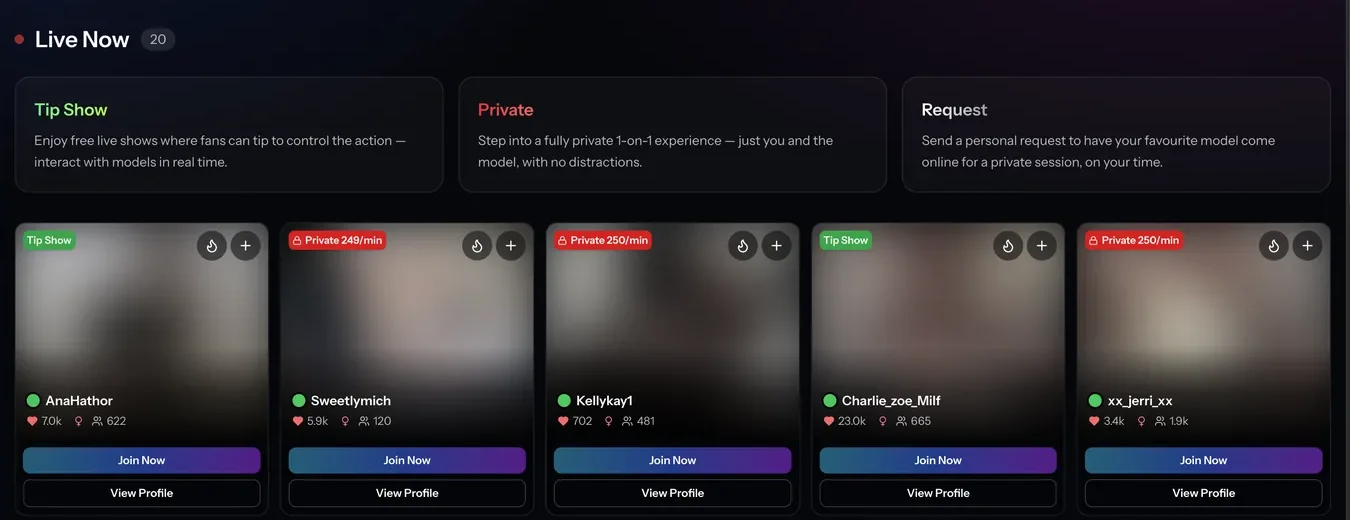 Reveal Me live cams page explaining tip show, private and request formats above tiles showing per-minute rates and live counts
