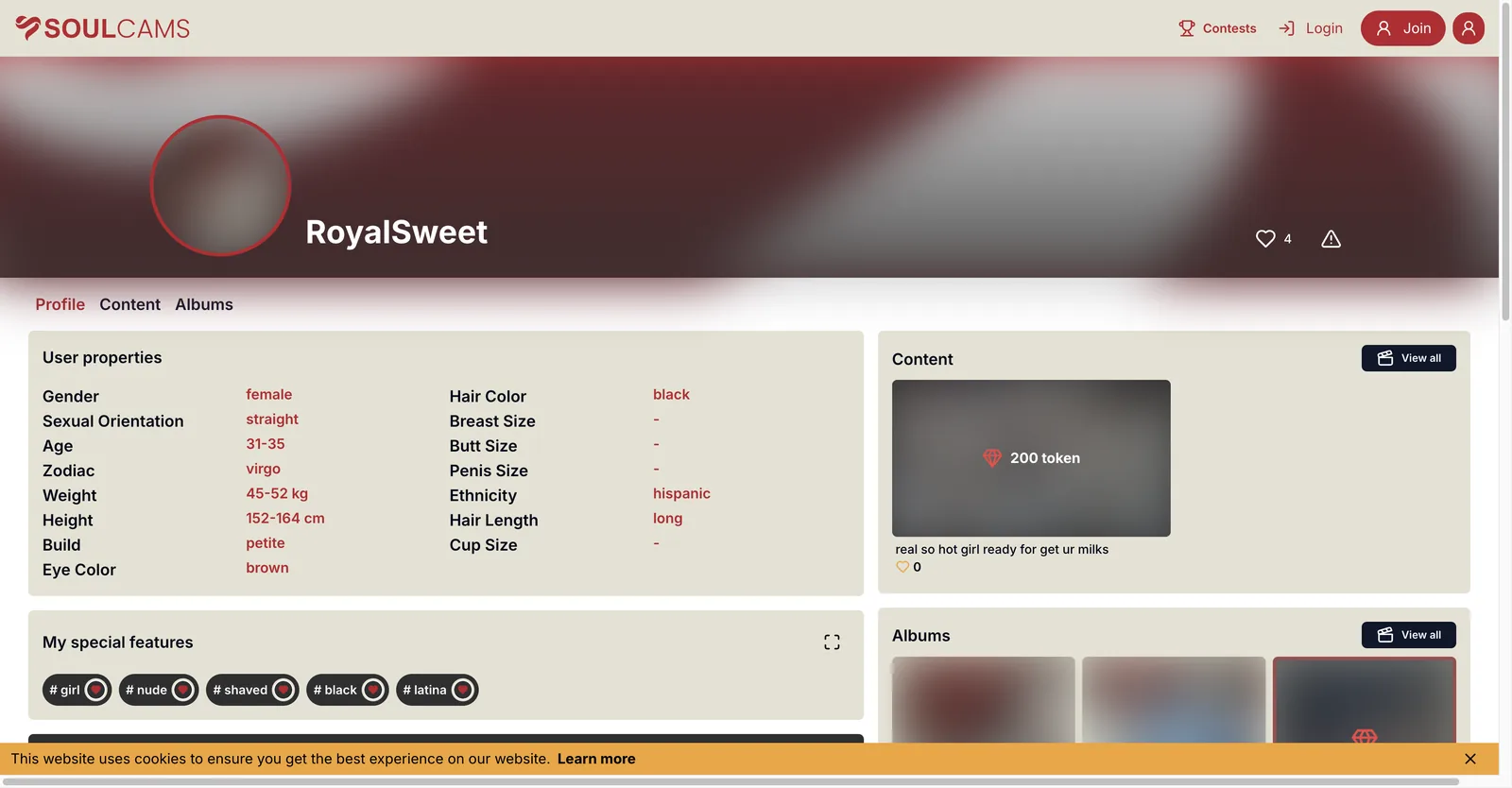 SoulCams model profile showing user properties with age, weight and height given as ranges rather than exact figures, and several optional fields left blank