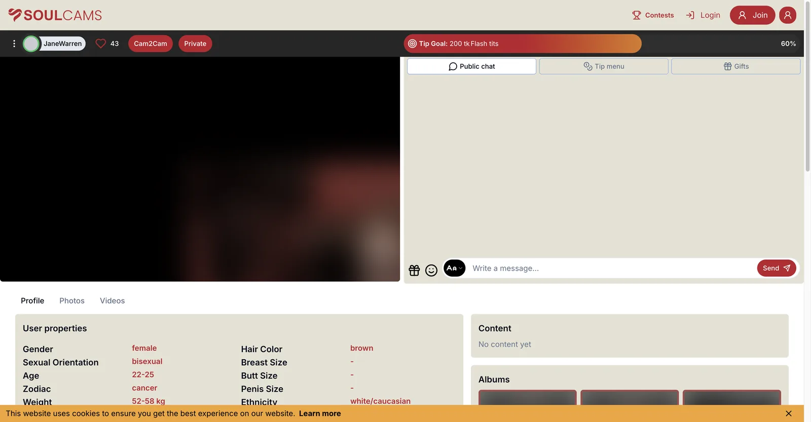 SoulCams room layout with the player on the left, a three tab panel for public chat, tip menu and gifts on the right, and Cam2Cam and Private buttons beside the model name